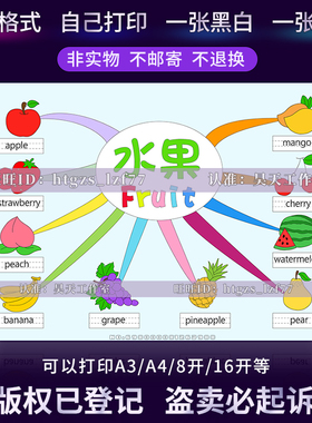 A832小学生认识英语我喜欢水果思维导图黑白线描涂色电子小报模板