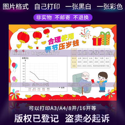 G269合理使用春节压岁钱手抄报折线图统计图表线描涂色电子小报