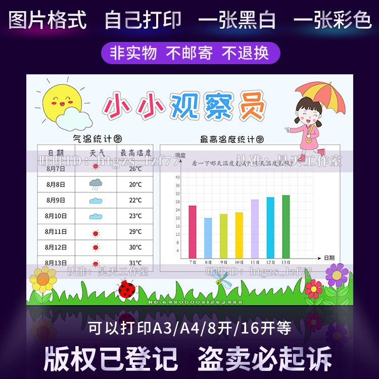 G322暑假假期7七天一周天气预报小小观察员手抄报气温条形统计图
