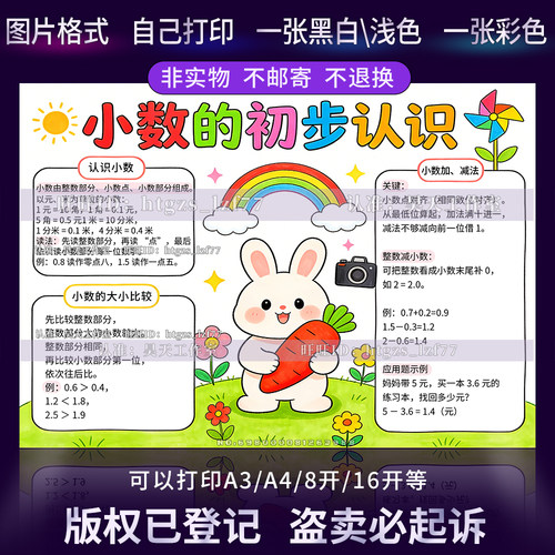 G655三年级数学下册第六单元小数的初步认识思维导图手抄报线稿
