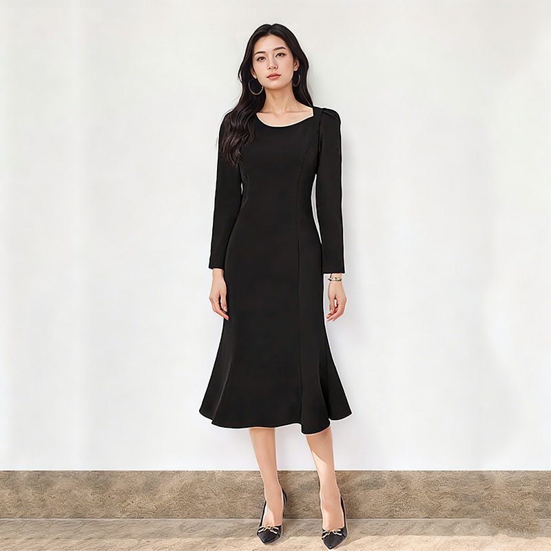 纯色显瘦礼服鱼尾连衣裙女秋冬 百搭通勤宴会长袖方领连衣裙包邮