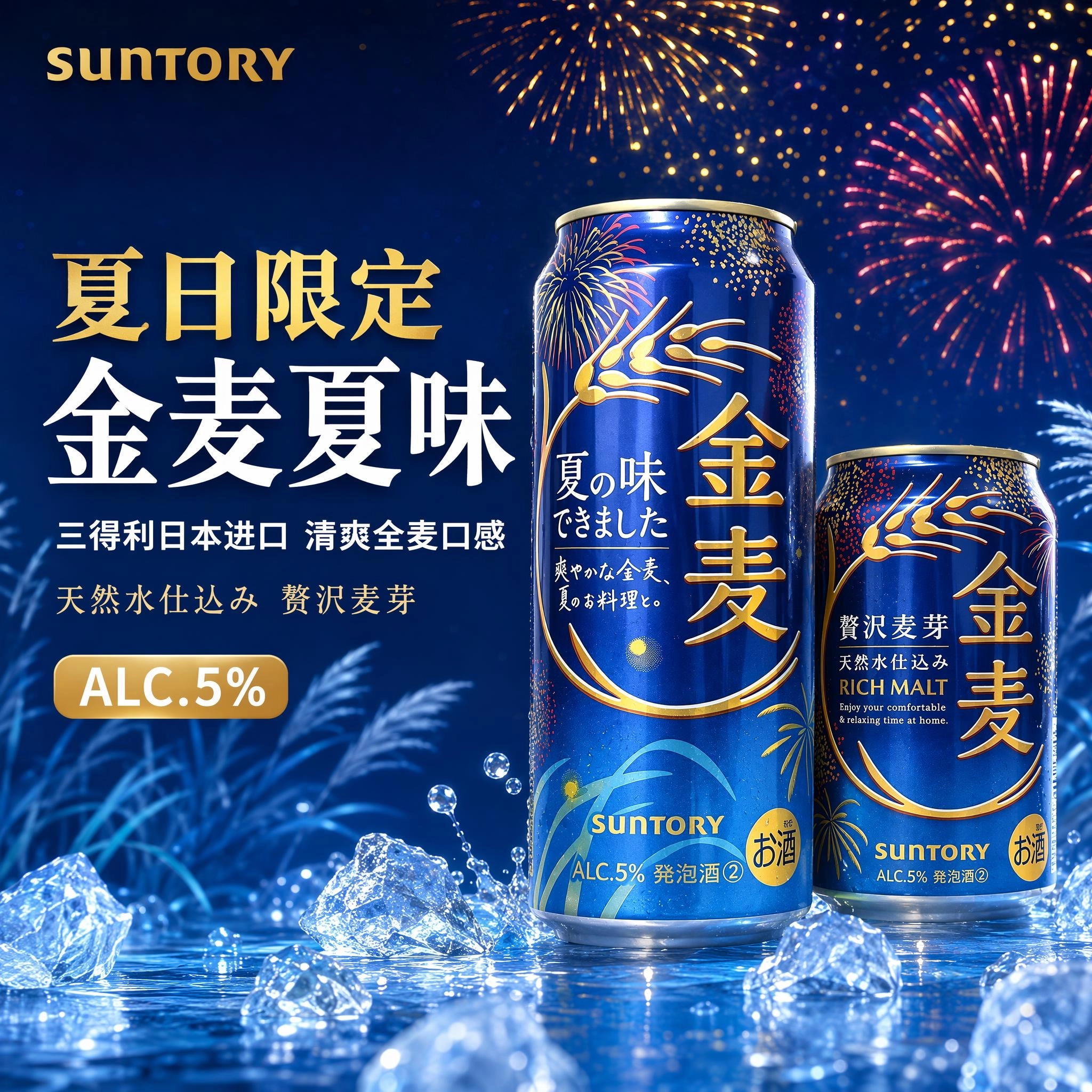 日本进口三得利SUNTORY金麦啤酒夏味350ml蓝罐晚酌的流派同款生啤