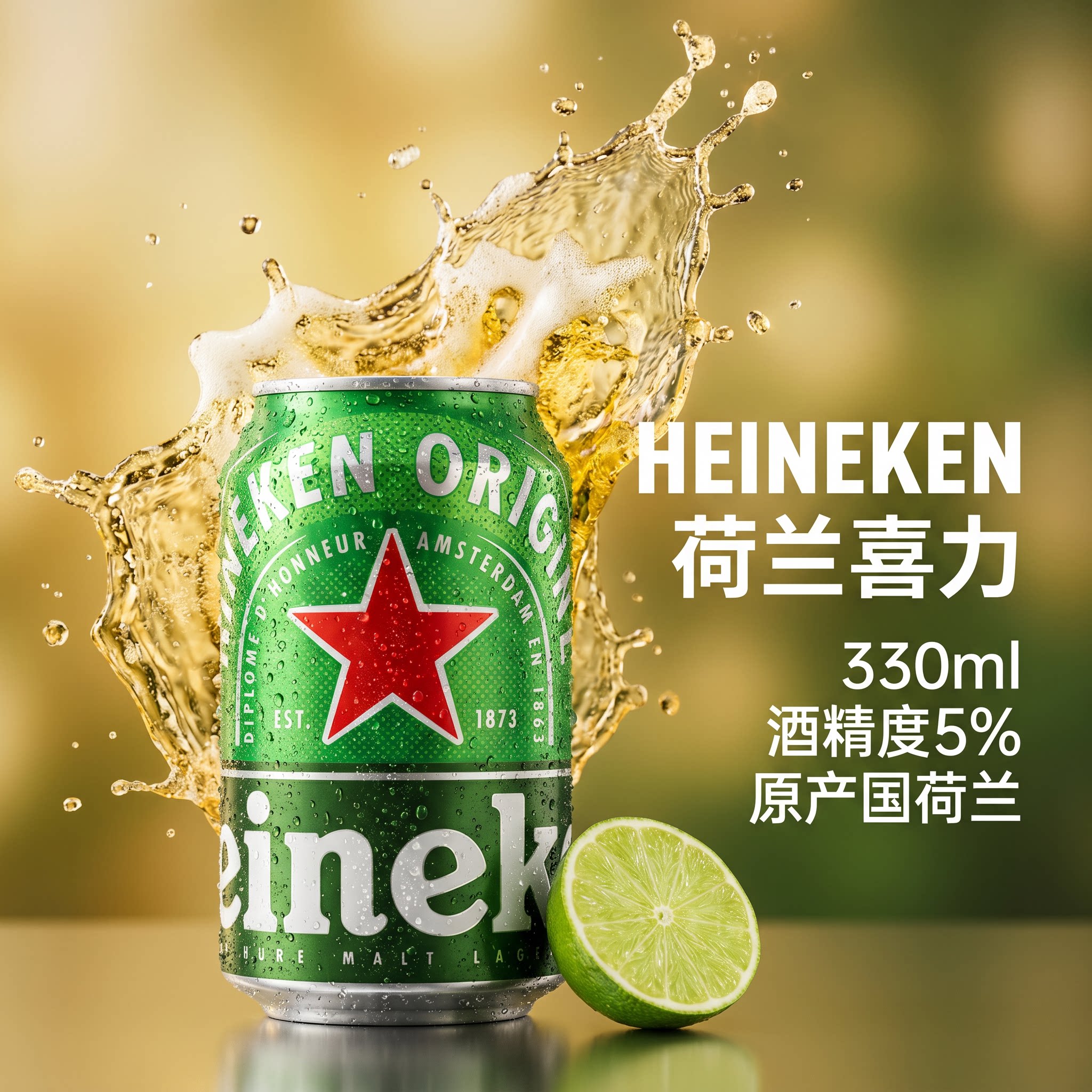 荷兰进口喜力原装Heineken啤酒经典精酿黄啤330ml*24罐听装整箱