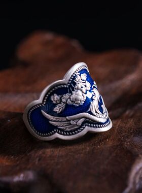 烧蓝工艺牡丹花凤凰民族风仿纯银戒指女复古做旧个性文艺范食指环