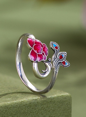原创设计S925银珐琅凤凰牡丹戒指