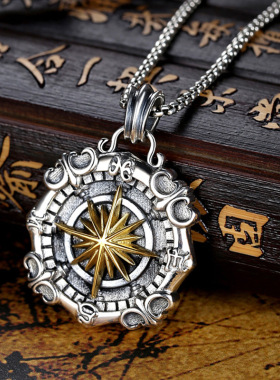 2024款项链仿纯银航海船锚星海罗盘男士吊坠欧美个性小众设计挂饰