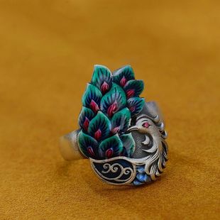 珐琅凤凰戒指女复古做旧烧蓝孔雀开屏简约民族风文艺范开口指环女