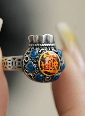 珐琅戒指女国风新中式复古镂空福袋铜钱民族风文艺范指环个性新款