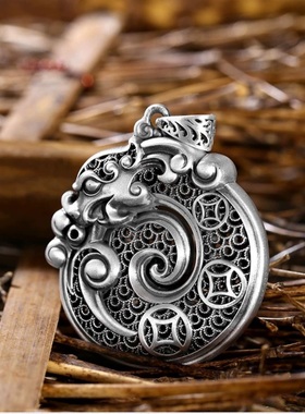 复古做旧霸气盘龙平安扣925银吊坠男士项链女小众国潮高级感配饰