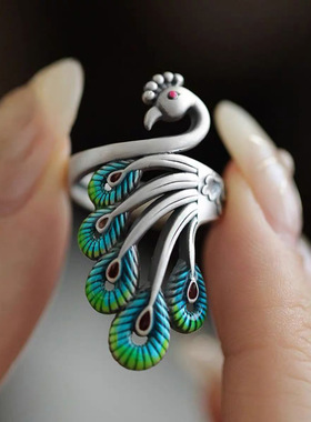 新中式国风孔雀戒指女小众设计珐琅彩民族风文艺复古国潮食指戒女