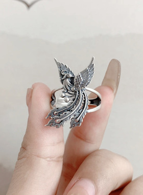 复古风做旧925纯银孔雀凤凰戒指女高颜值个性文艺范活口指环女戒