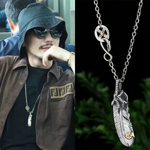 s925银高桥羽毛项链男手工做旧潮流毛衣太角链女明星同款鹰爪吊坠
