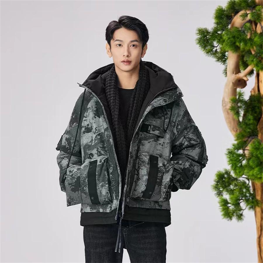 HX狐轩男装短款迷彩连帽羽绒服潮流帅气秋冬新品时尚休闲90白鸭绒
