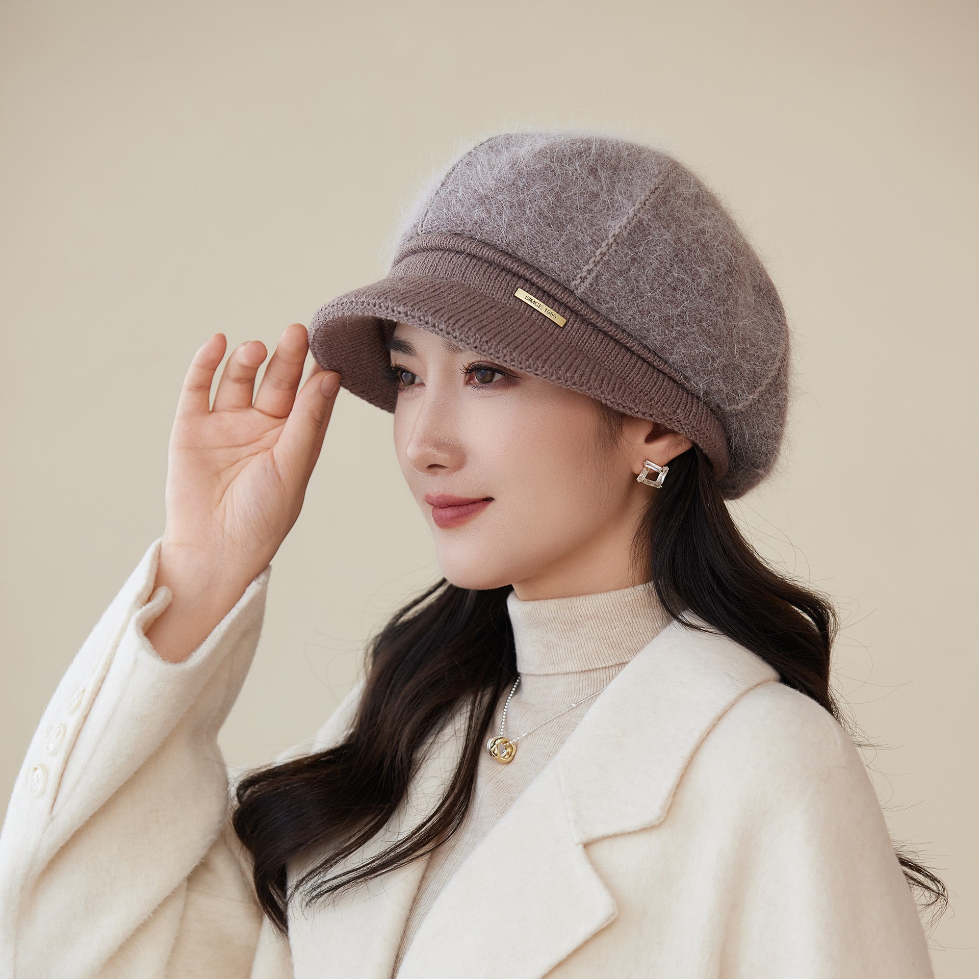 兔毛帽子女针织鸭舌贝雷帽