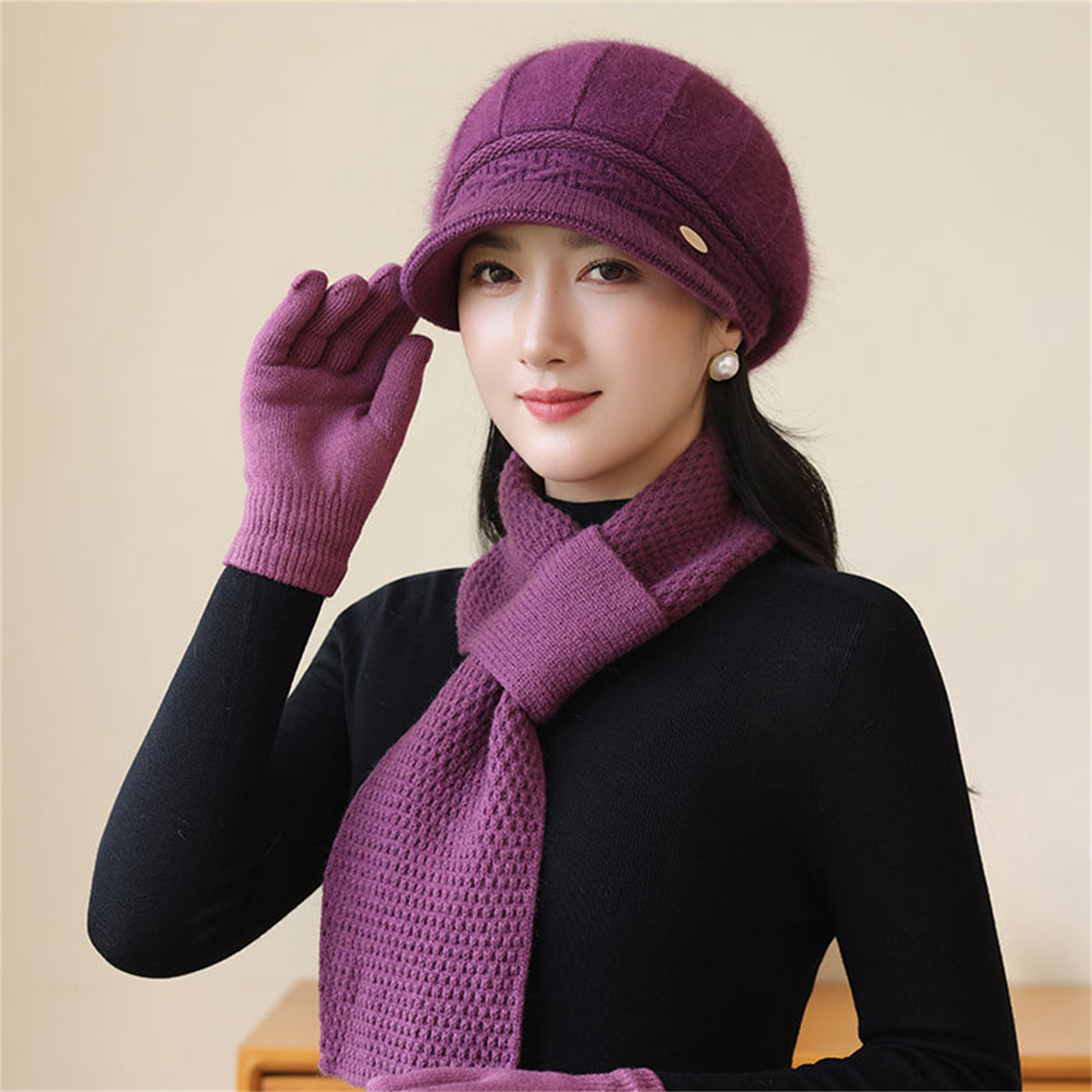 中老年妈妈兔毛帽子围巾两件套装秋冬天老太太奶奶针织毛线保暖冒