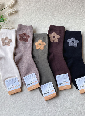 kikiya韩国进口袜子女中筒袜144针植绒花朵简约风棉质女袜春秋款