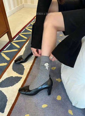 韩国进口MARCA中筒袜女蝴蝶结饰品袜潮流外穿百搭小众款秋冬女袜