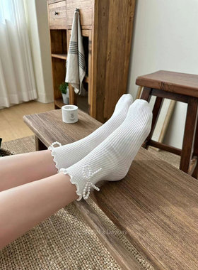 MARCA韩国进口袜子女中筒袜木耳边珍珠蝴蝶结饰品袜网红款棉四季