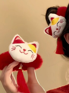 可爱红色招财猫大肠发圈女高级感新年喜庆头饰新款秋冬扎发头绳