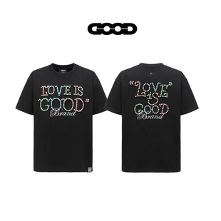 GOODBRAND短袖 女 T恤马卡龙色珍珠字母Logo钉珠潮牌宽松高级感半袖