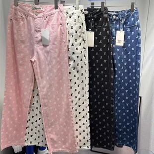 潮牌RR女 jennie同款 韩国Restandrecreation牛仔裤 满印logo阔腿裤