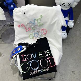 GOODBRAND短袖T恤马卡龙色珍珠字母Logo钉珠潮牌宽松高级感半袖女