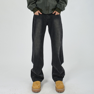 HAMB原创2026春季新品宽松黑色复古做旧水洗直筒牛仔裤男cleanfit