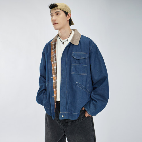 HAMB原创美式复古牛仔拼接外套男