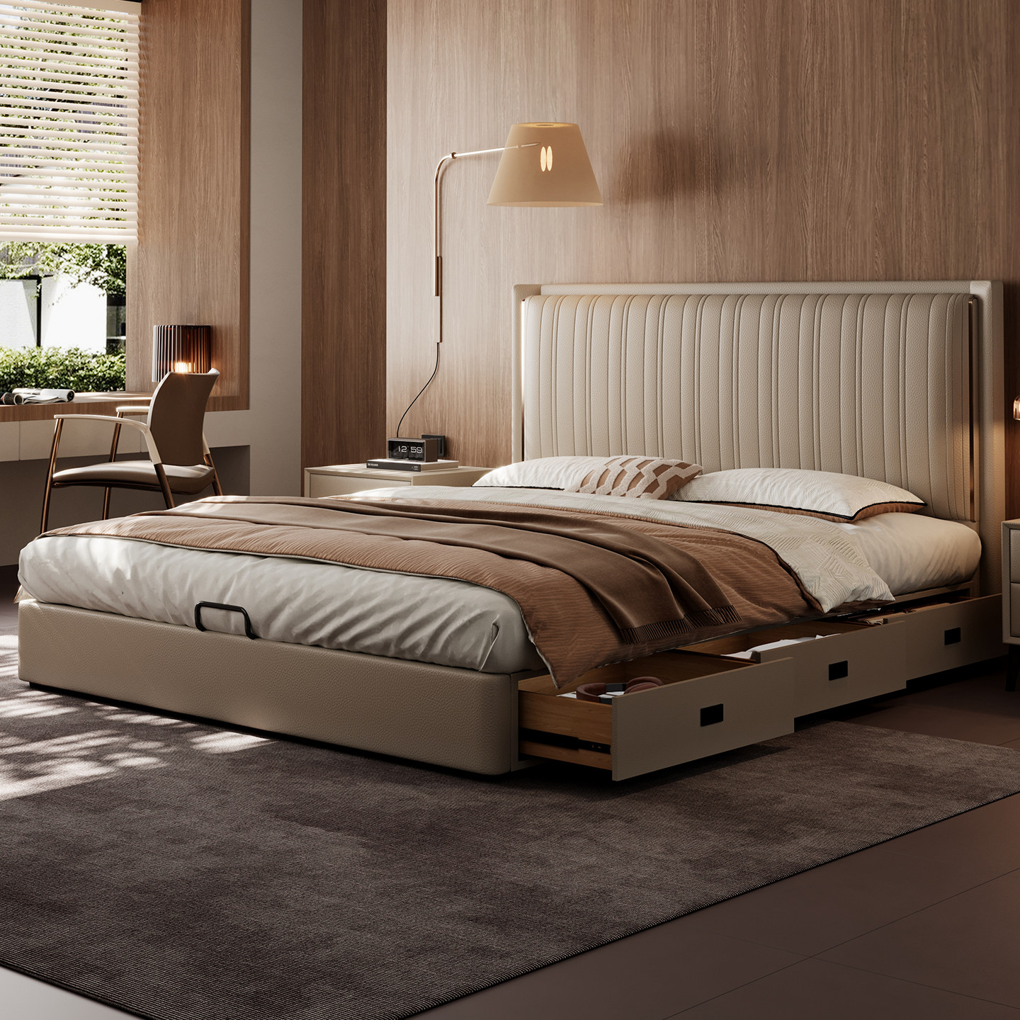 意式极简真皮床1米8双人床带储物空间现代简约轻奢高级感软包婚床