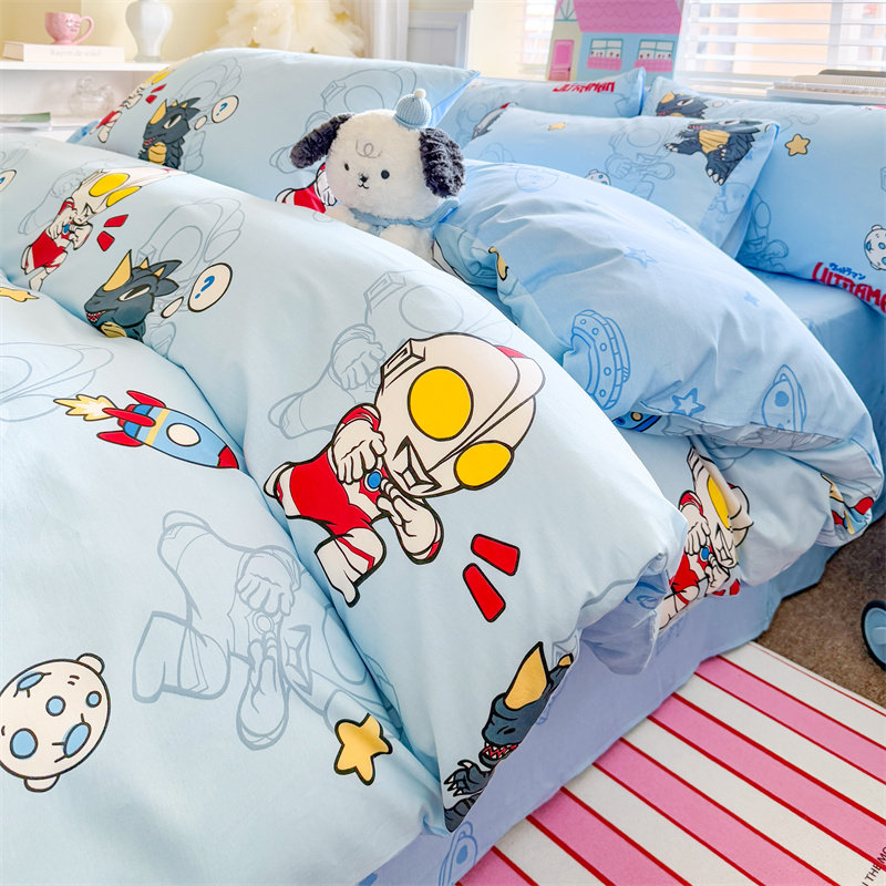 奥特曼100全棉四件套卡通儿童纯棉床单被套男孩三件套宿舍床笠款