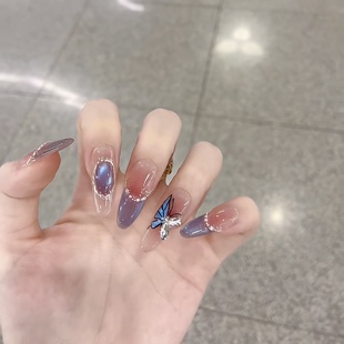 纯手工定制穿戴甲成品假指甲贴片款美甲成品显白中方蓝蝴蝶猫眼钻