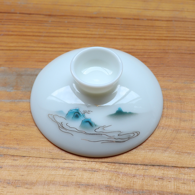 千里江山盖碗单盖子6cm-10cm各尺寸羊脂玉白瓷泡茶杯泡茶碗盖子