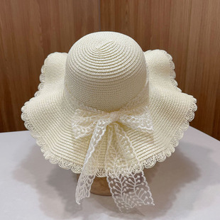 法式白色蕾丝蝴蝶结草帽女夏大帽檐太阳帽度假风沙滩海边遮阳帽