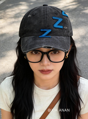 2026年美式复古字母zzz刺绣棒球帽男女春破洞做旧鸭舌帽街头潮帽