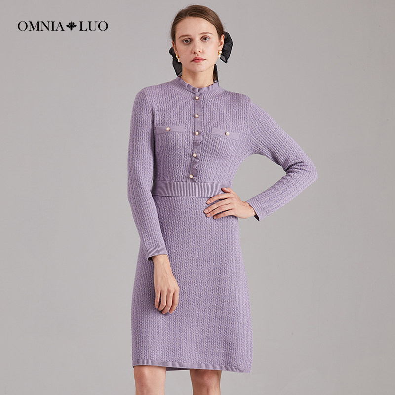 omnialuo/欧柏兰奴冬季新品文艺优雅气质小香风羊毛中长连衣裙