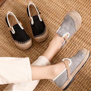 春季老北京布鞋女鞋民族风棉麻透气平底绣花鞋软底一脚蹬懒人鞋