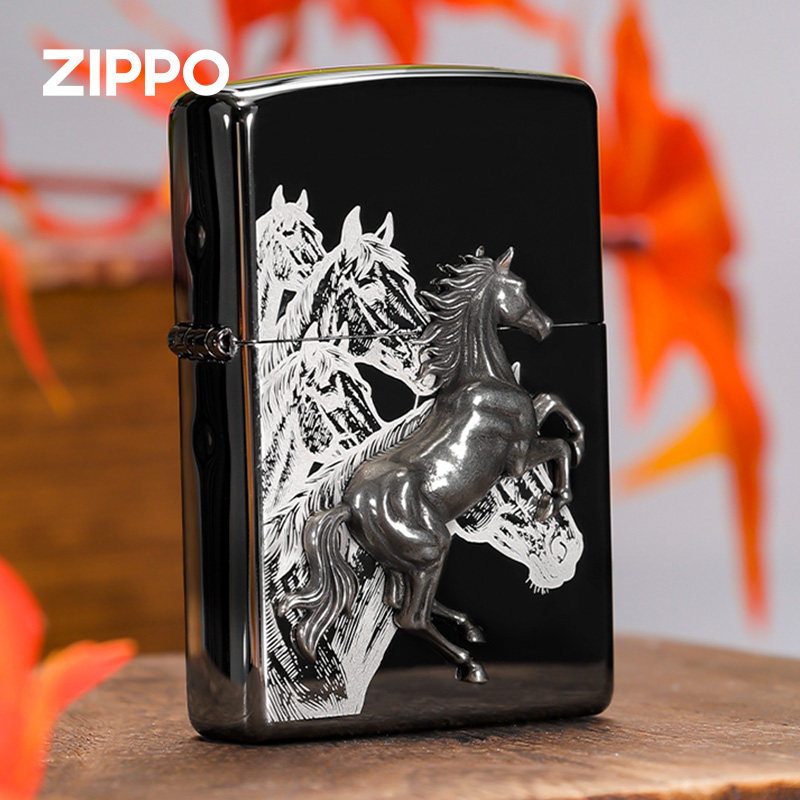 zippo打火机兵戈铁马 生肖马贴章黑冰新年情人节礼物送男防风煤油