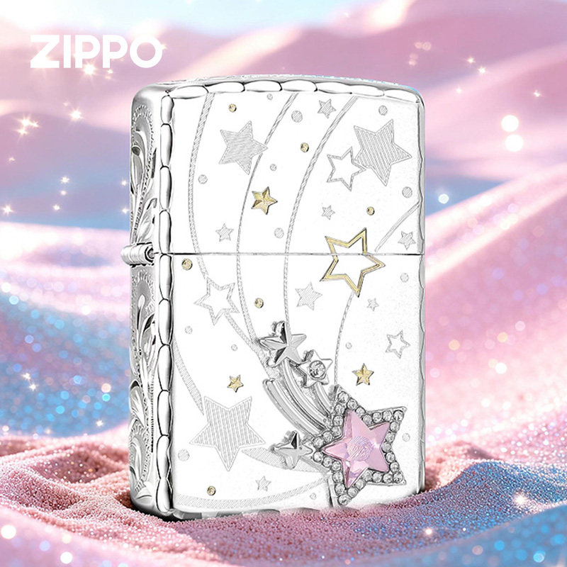 zippo打火机星轨流光 粉色五角星贴章镀银精雕送男生女生礼高颜值