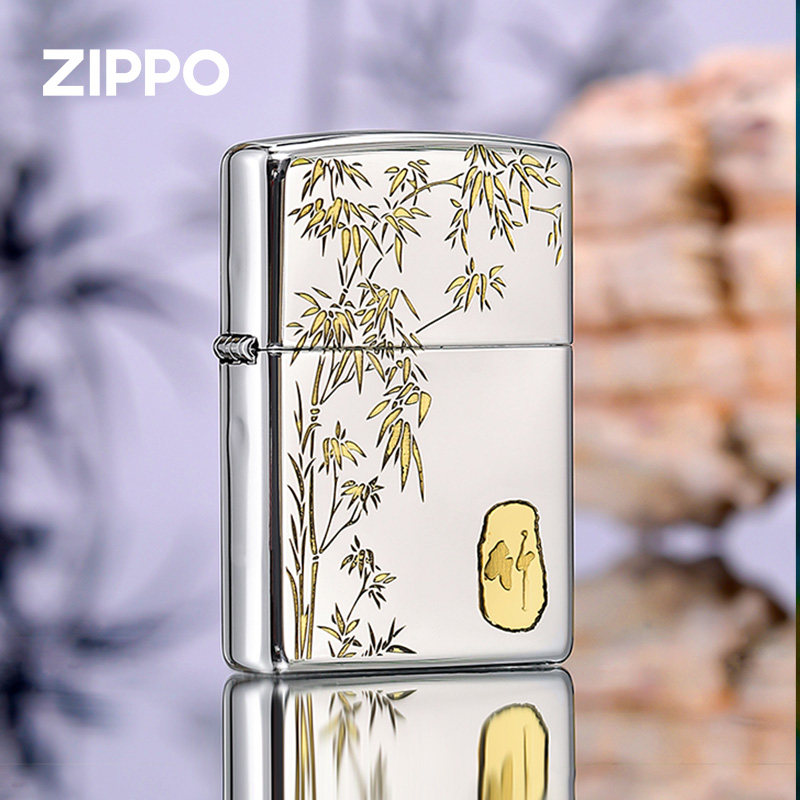 zippo打火机镜面雕刻 竹步步高升防风煤油生日礼物送父亲男士专用