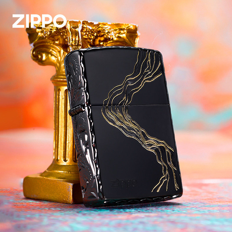 zippo打火机川流不息官方芝宝防风煤油火机 黑耀冰咬边送男友礼物