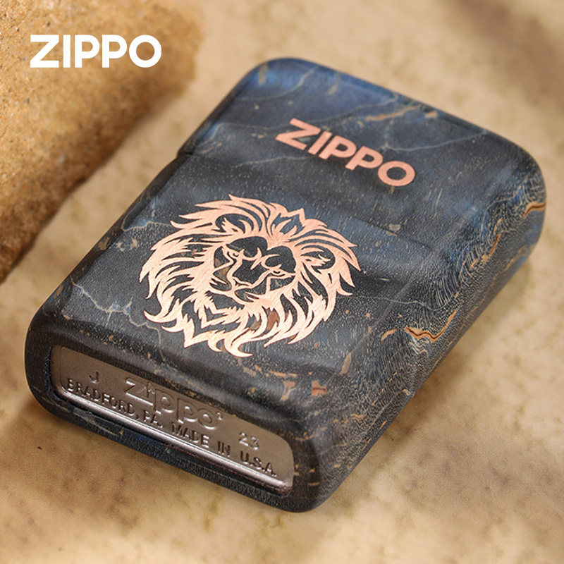 Zippo打火机蓝黑狮子官方正版芝宝防风煤油木镶嵌情人节送男友礼