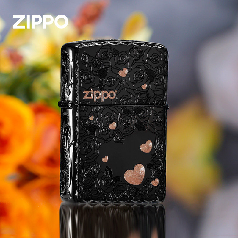 zippo打火机黑耀冰雕刻热恋进行时玫瑰爱心 正品防风煤油送男朋友