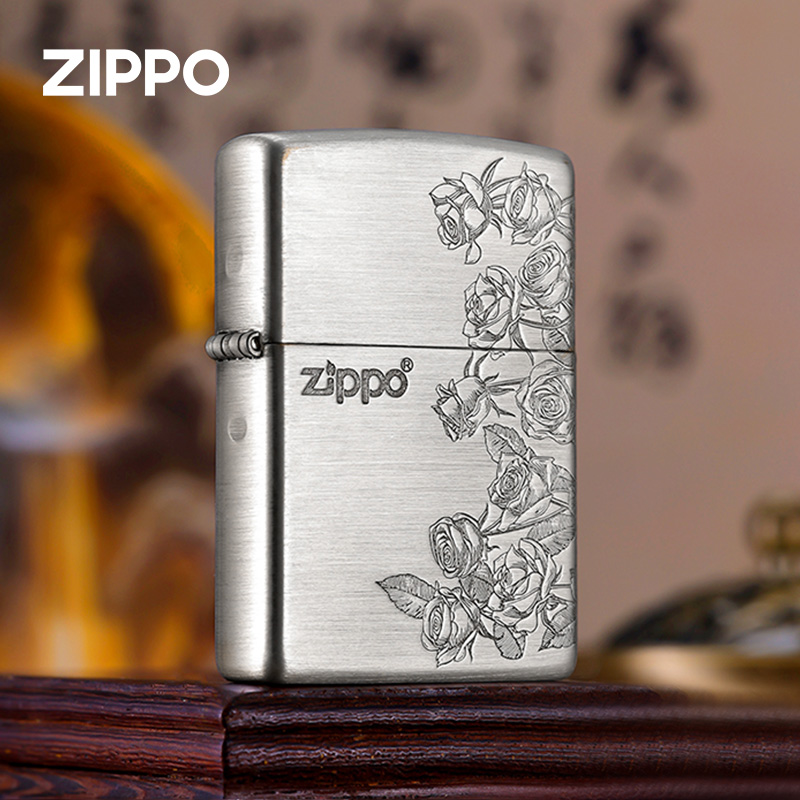 zippo打火机热恋玫瑰官方旗舰芝宝防风打火机 拉丝镀银送男友礼物