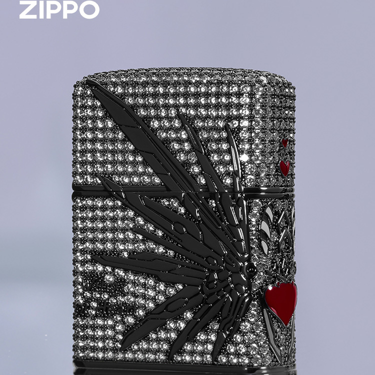 zippo打火机爱情系列 心飞翼镶钻贴章品煤油防风正圣诞礼物送男友