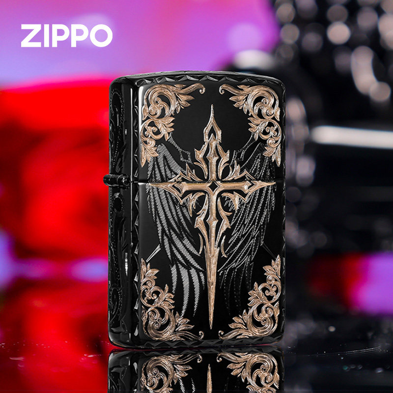 zippo打火机黑耀冰精雕咬边繁花 炽翼十字正品生日送男士高端礼物