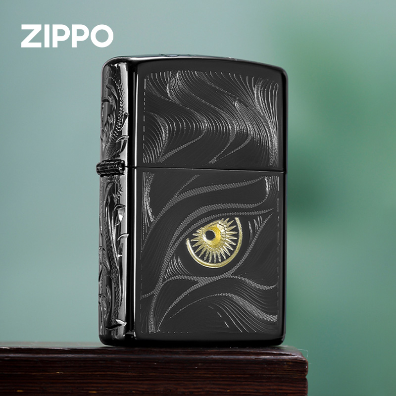 zippo打火机秋水含睛-侧雕黑冰防风煤油打火机咬边生日礼物送男生