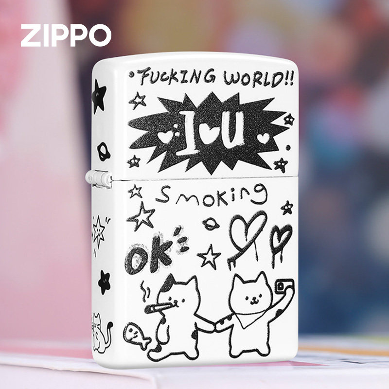 zippo打火机 小猫心事正品煤油防风白哑漆彩印创意生日礼物送男友