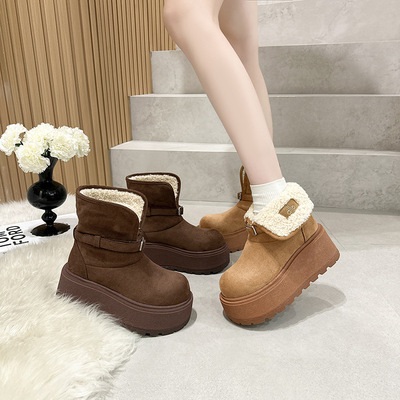 2025年新款冬季可翻折两穿靴子厚底雪地靴女保暖棉靴加绒高跟短靴