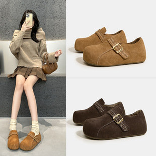 内增高勃肯鞋女2025新款秋冬复古磨砂皮加绒休闲单鞋魔术贴乐福鞋