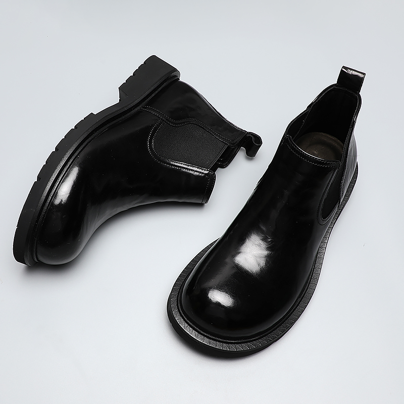 英伦风商务男士高帮皮鞋百搭圆头潮流正装皮靴厚底时尚一脚蹬靴子